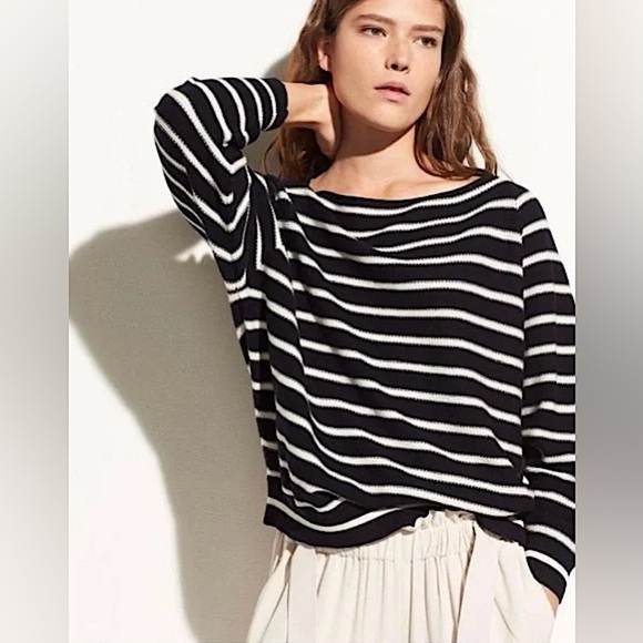 Vince Women’s Striped Raglan Boatneck Sweater in Navy/White Size L - Picture 1 of 13